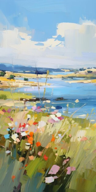 Pittura astratta di lago e erbe in stile Iryna Yermolova