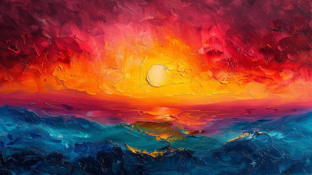 Pittura astratta di paesaggi marittimi colorati al tramonto