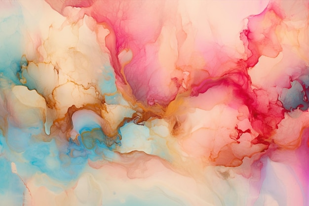 Pittura astratta di una nuvola rosa e blu con uno sfondo bianco