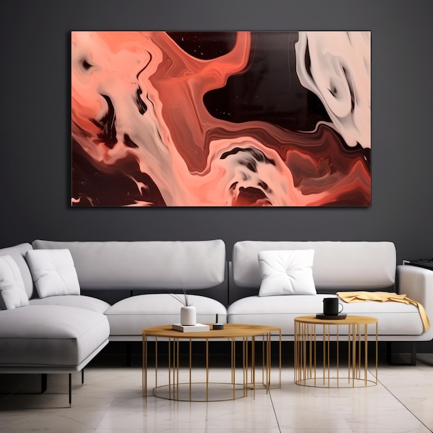 Pittura astratta moderna con divano bianco e tavolini da caffè