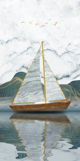 Pittura astratta moderna di arte della barca a vela della linea dorata, arte di riflessione del paesaggio