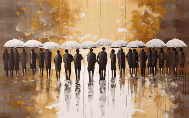 Pittura astratta raffigurante un gruppo di persone in tonalità seppia al riparo da momenti di pioggia Generata dall'intelligenza artificiale
