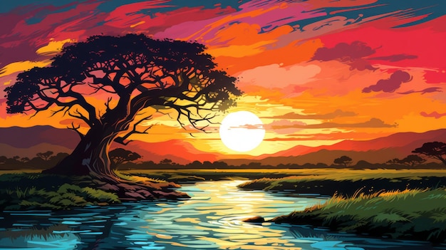 Pittura colorata del tramonto con motivi basati sulla natura e influenza dell'arte africana