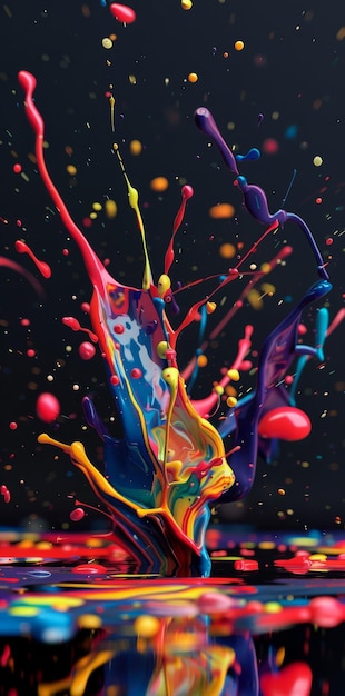 Pittura colorata vibrante spruzza in movimento dinamico su uno sfondo scuro