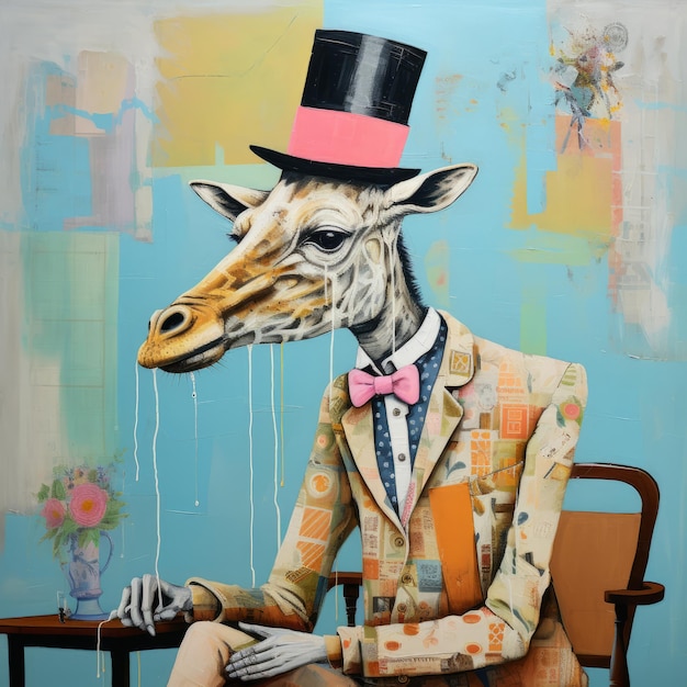 Pittura contemporanea di Dada Giraffa capricciosa in cappello