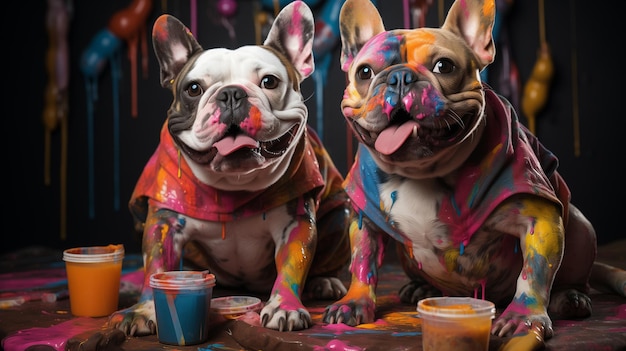 Pittura d'arte bulldog felice che fissa acrilico color palette pennello
