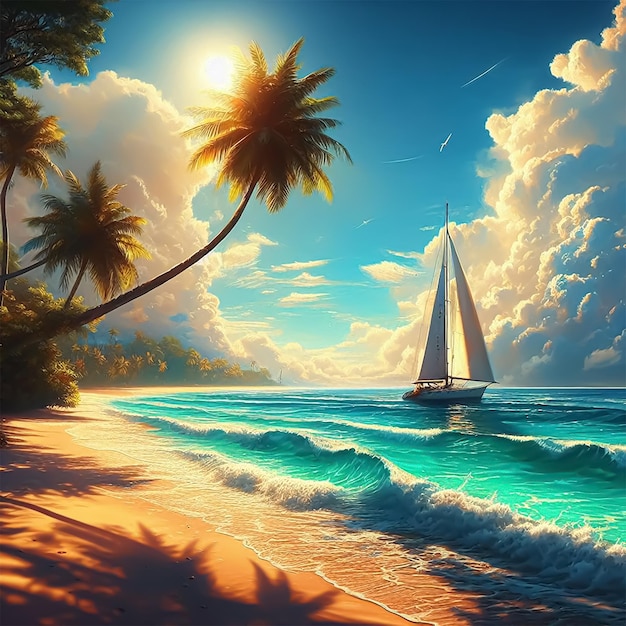 Pittura d'arte digitale mare cocco albero barca a vela spiaggia sabbiosa 4k soleggiata