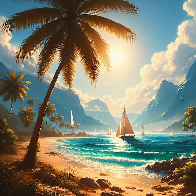 Pittura d'arte digitale mare cocco albero barca a vela spiaggia sabbiosa 4k soleggiata