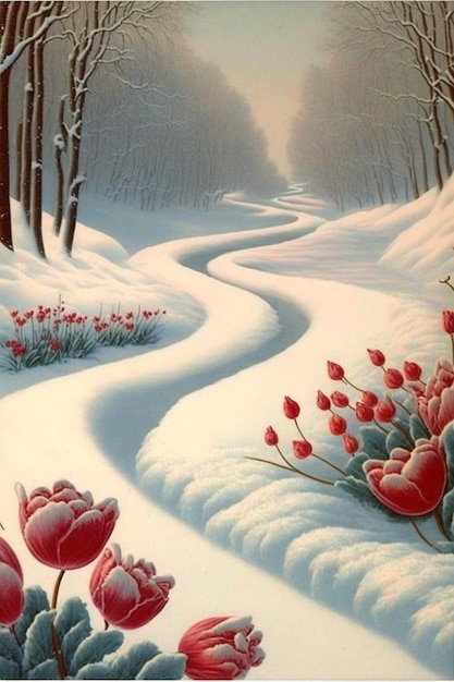 Pittura dei tulipani rossi nella neve ai generativa