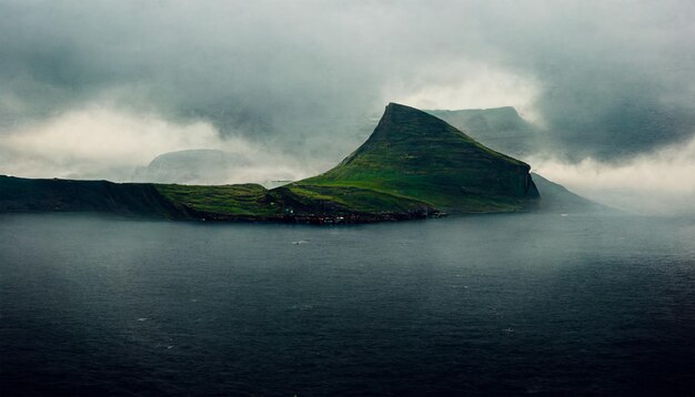 Pittura del cielo nuvoloso della montagna dell'oceano dell'isola di Faroe