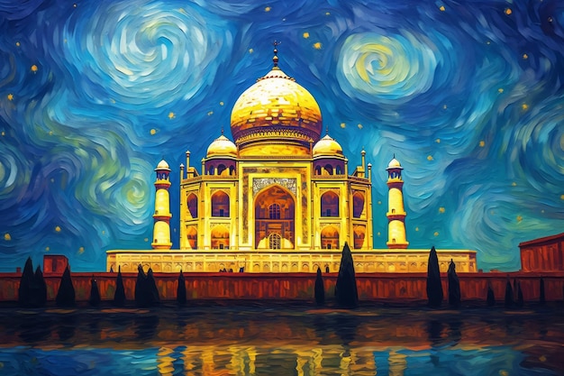 Pittura del Taj Mahal in stile Van Gogh