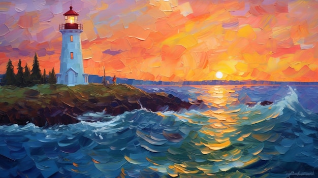 Pittura del tramonto del faro costiero nello stile di Dmitry Spiros