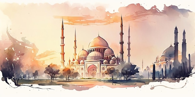 Pittura dell'acquerello di arte digitale moschea per lo sfondo