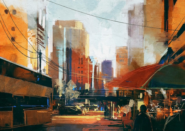 pittura della strada della città al mattino