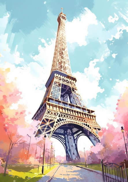 Pittura della Torre Eiffel a Parigi con un bellissimo cielo generativo ai