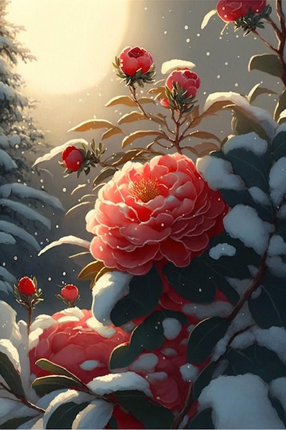 Pittura di alcuni fiori nella neve generativa ai