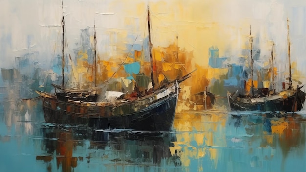 Pittura di barche del porto in stile tonalista di Helena Krawcik