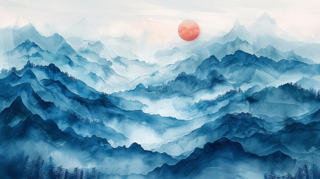 Pittura di catene montuose astratte alla luce mattutina fatta con acquerelli digitali