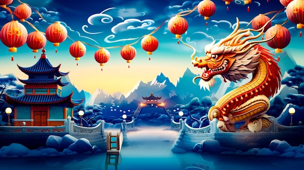 Pittura di drago in paesaggio cinese con lanterne e montagne sullo sfondo AI generativa