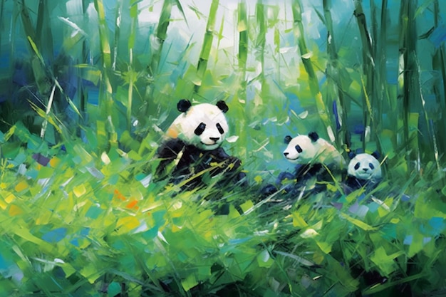 Pittura di due orsi panda in una foresta di bambù con erba verde generativa ai