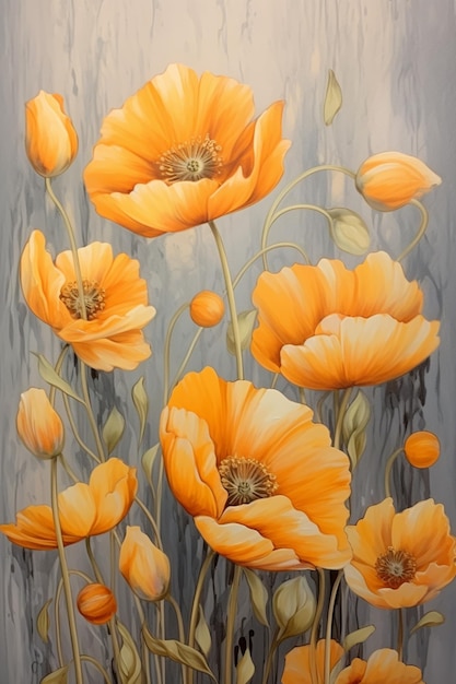 pittura di fiori arancioni su uno sfondo grigio generativo ai