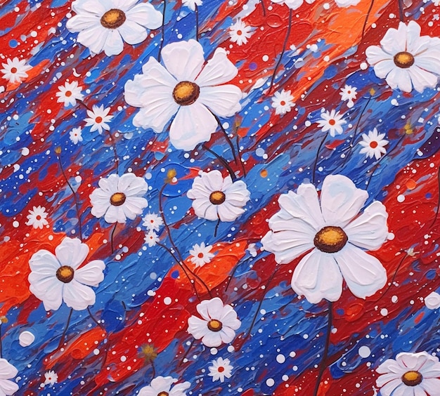 pittura di fiori bianchi su uno sfondo rosso e blu generativa ai