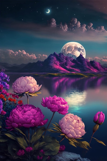 Pittura di fiori con una luna piena sullo sfondo ai generativa