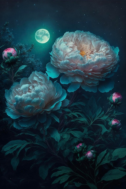 Pittura di fiori con una luna piena sullo sfondo ai generativa