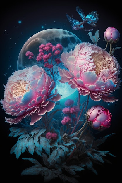 Pittura di fiori con una luna piena sullo sfondo ai generativa