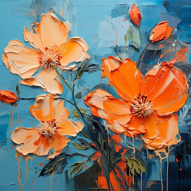 Pittura di fiori d'arancio su sfondo blu con vernice arancione ai generativa