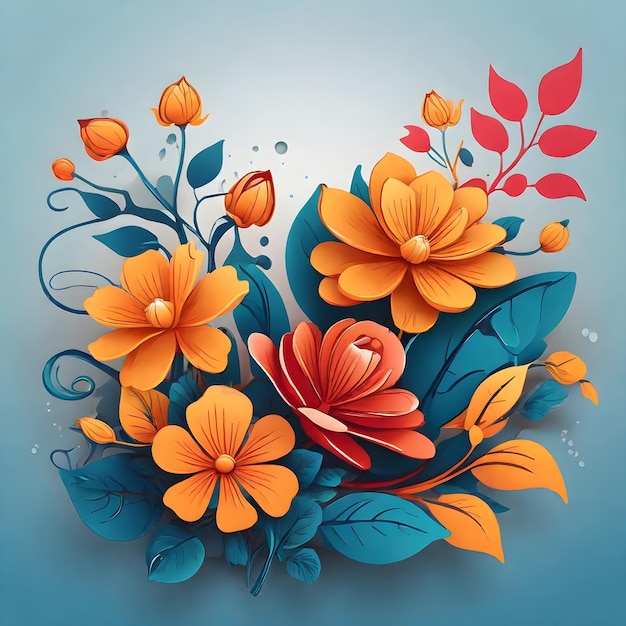 pittura di fiori e piante con colori arancione e blu
