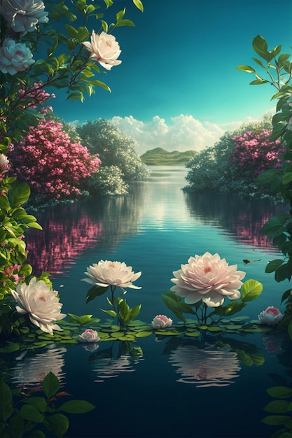 Pittura di fiori nel mezzo di un lago generativo ai