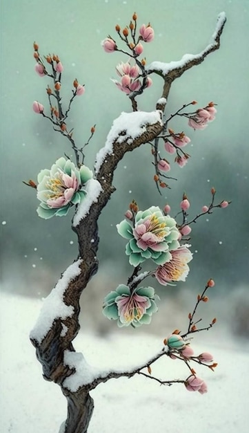 Pittura di fiori su un albero nella neve ai generativa