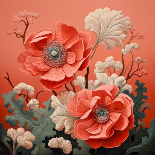 Pittura di ispirazione rococò di papaveri e fiori rossi