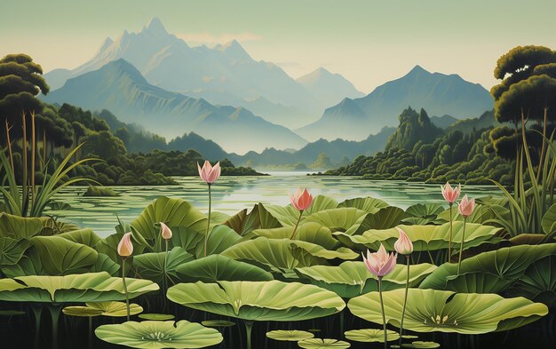 Pittura di Lily Pad Serenity con le montagne sullo sfondo