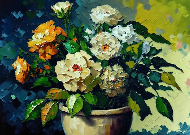 Pittura di natura morta con fiori colorati astratti in stile impressionista moderno