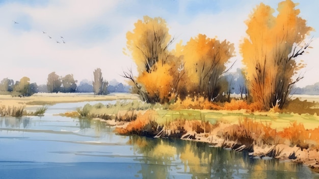 Pittura di paesaggi autunnali con acquerelli in ciano chiaro e giallo