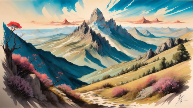 Pittura di paesaggi di montagne innevate illustrazione generativa AI