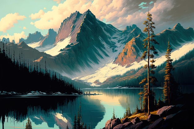 pittura di paesaggio con montagne e un lago