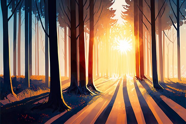 Pittura di paesaggio di bella foresta con luce solare