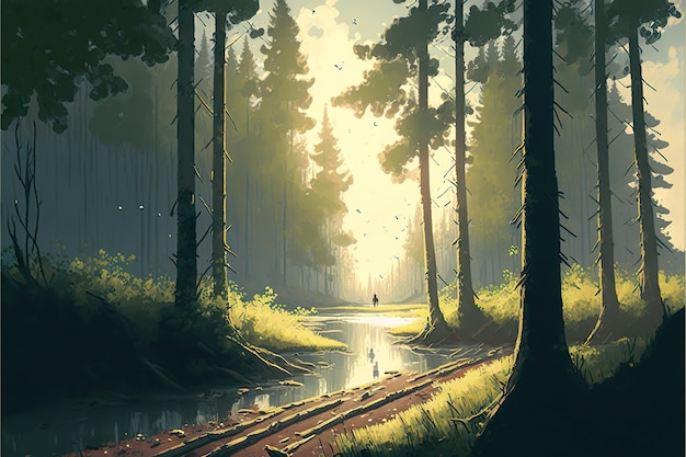 Pittura di paesaggio di bella foresta con luce solare