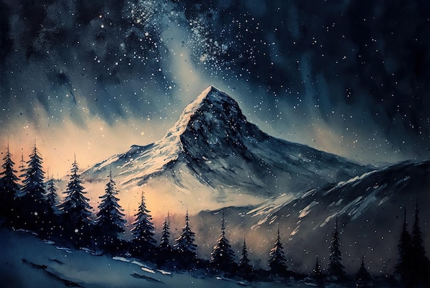 Pittura di paesaggio invernale ad acquerello Foresta e montagne in una notte stellata