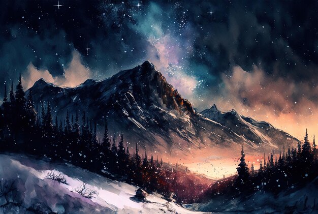 Pittura di paesaggio invernale ad acquerello Foresta e montagne in una notte stellata