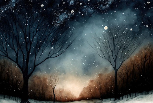 Pittura di paesaggio invernale ad acquerello Foresta in una notte stellata