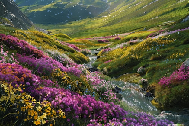Pittura di ruscelli di montagna e fiori selvatici