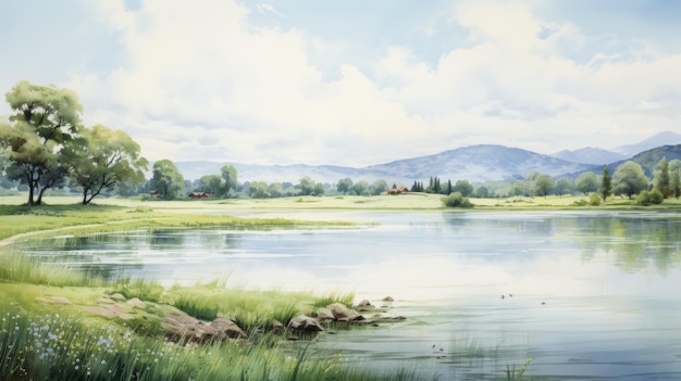 Pittura di Serene Summer Day Hill con parco, lago, campo e fiume