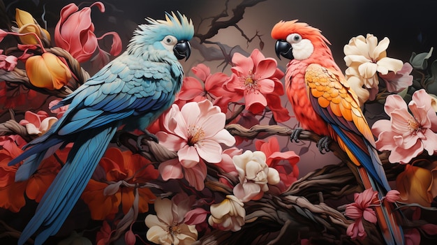pittura di uccelli e foglie tropicali