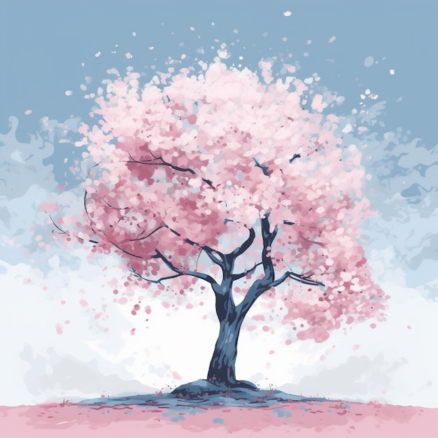 Pittura di un albero con fiori rosa in un campo generativo ai