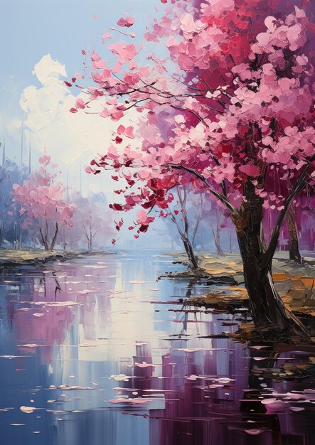 Pittura di un albero con fiori rosa in un lago generativo ai