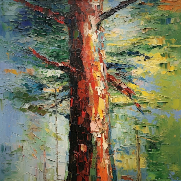 Pittura di un albero con un tronco rosso in una foresta generativa ai